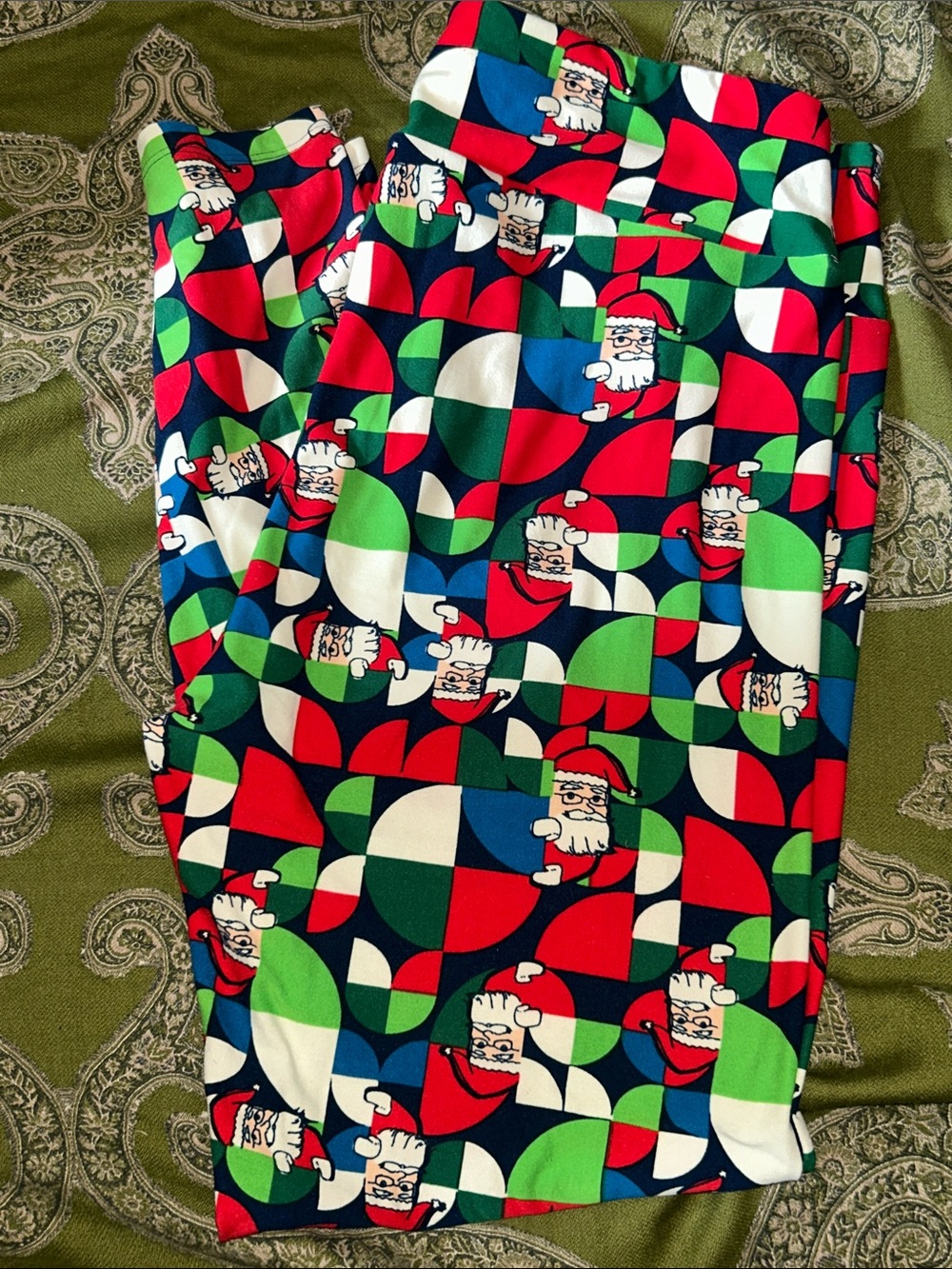 LuLaRoe Women's Holiday Santa Geometric Leggings - Red/Green/Blue/White